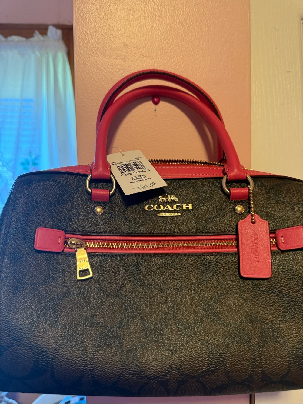 Coach Black Logo Satchel with Pink Trim and Handles